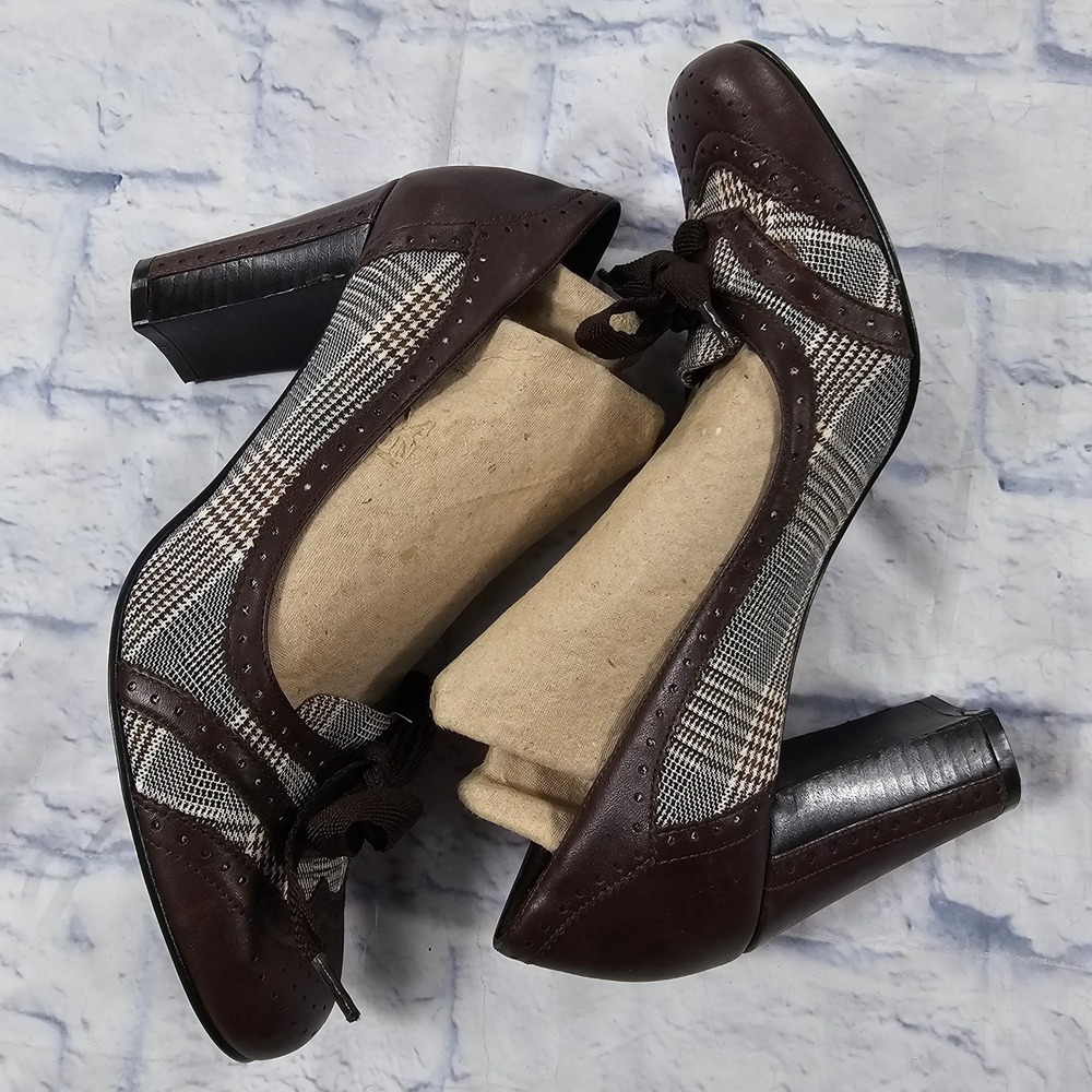 Franco Sarto Halley Heels Women 9 Brown Plaid Wingtip Block Pump Bow Academia - Picture 7 of 14